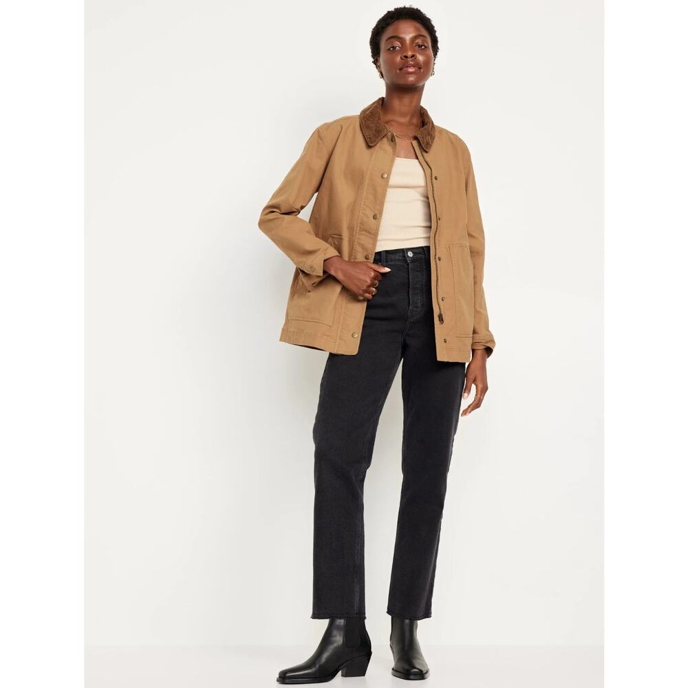Old Navy Brown and Tan Corduroy Canvas Barn Chore Jacket Size XL 90s Preppy - Picture 3 of 8
